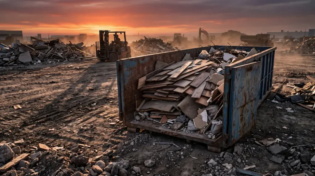 Mixed flooring material in a demolition waste container, illustrating the logistics challenge of flooring recycling