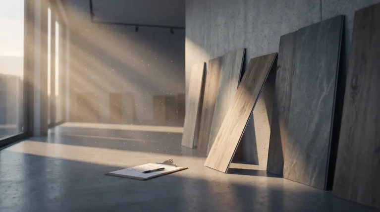 Flooring plank samples leaned against a wall in morning light, pulled out for inspection
