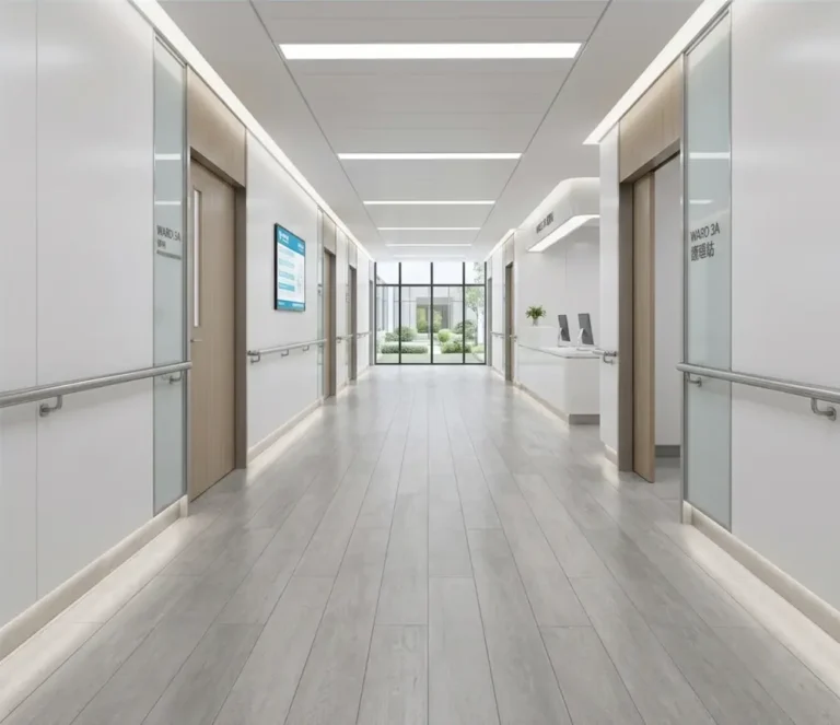 recycled epoxy resin flooring installed in a modern hospital corridor — dense, seamless, light grey surface