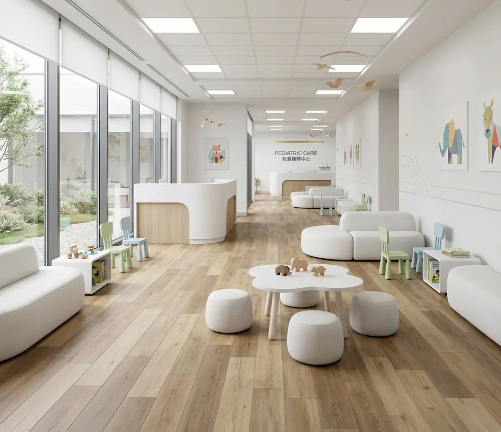 ResinCore zero-formaldehyde flooring installed in a pediatric clinic waiting room with wood-look finish