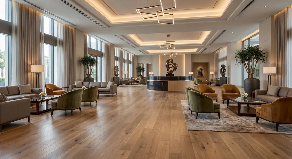 wide-plank European oak-look ResinCore flooring in a luxury hotel lobby commercial interior