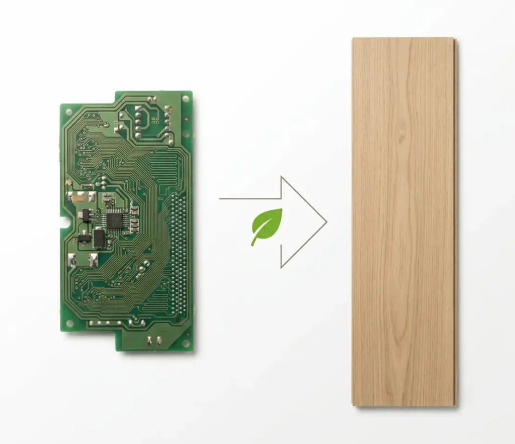 circular economy concept showing PCB offcut transformed into ResinCore sustainable flooring plank