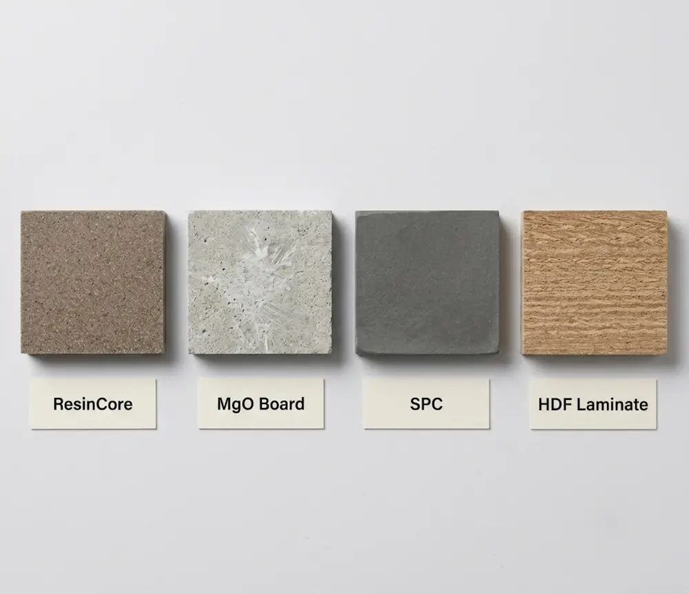 cross-section comparison of ResinCore recycled epoxy resin flooring core vs MgO board SPC and HDF laminate