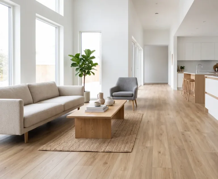 Light oak wood-look vinyl plank flooring running continuously from open-plan living area into kitchen zone — waterproof flooring for whole-house specification