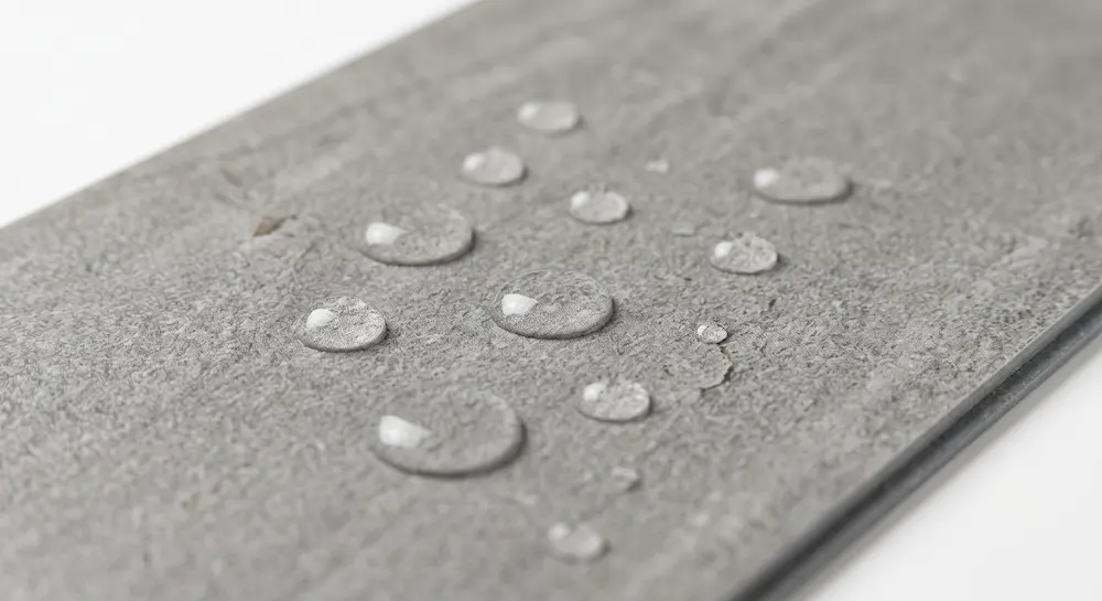 water droplets beading on SPC flooring surface demonstrating non-porous core performance