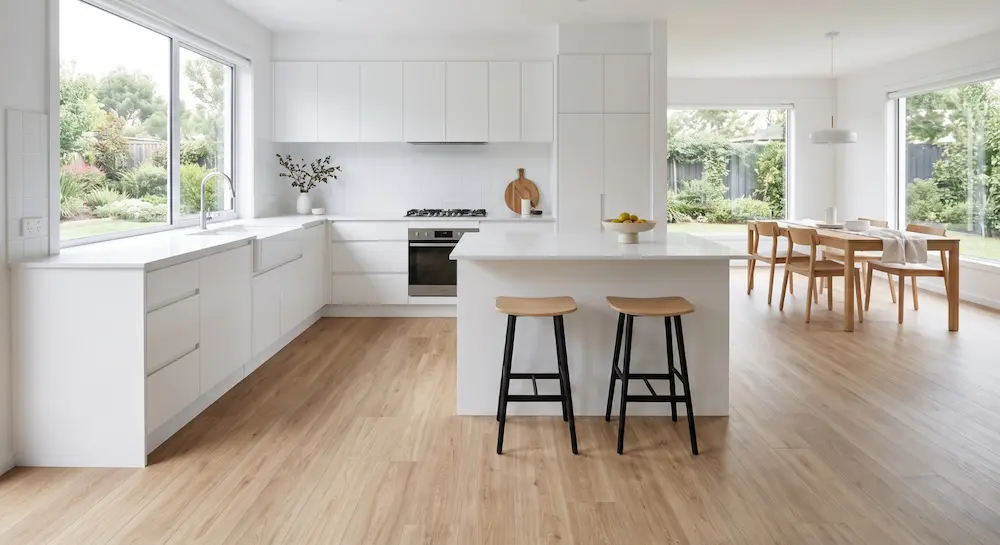 waterproof SPC flooring in modern kitchen with wood-look vinyl plank installation