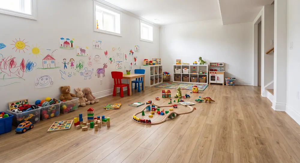 waterproof vinyl plank flooring in children's basement playroom with toys scattered — safe zero-formaldehyde flooring for families