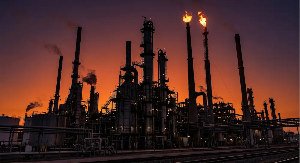 oil refinery at dusk representing PVC raw material cost pressure