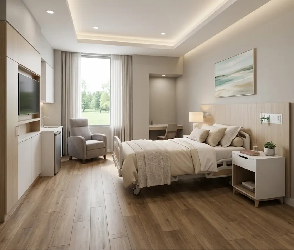 zero-formaldehyde flooring in modern hospital patient room
