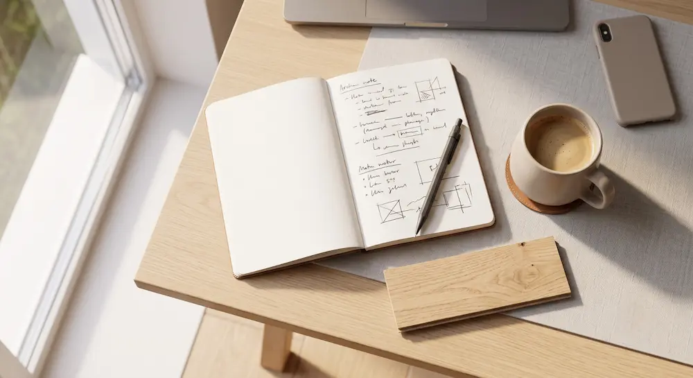 architect desk with flooring sample and notebook — specification planning