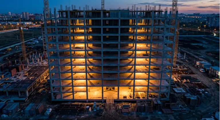ESG flooring specification in large scale commercial construction project at dusk