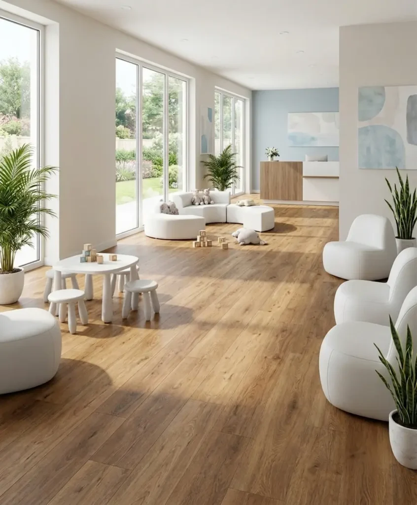 healthcare flooring in pediatric clinic waiting room with wood-look finish