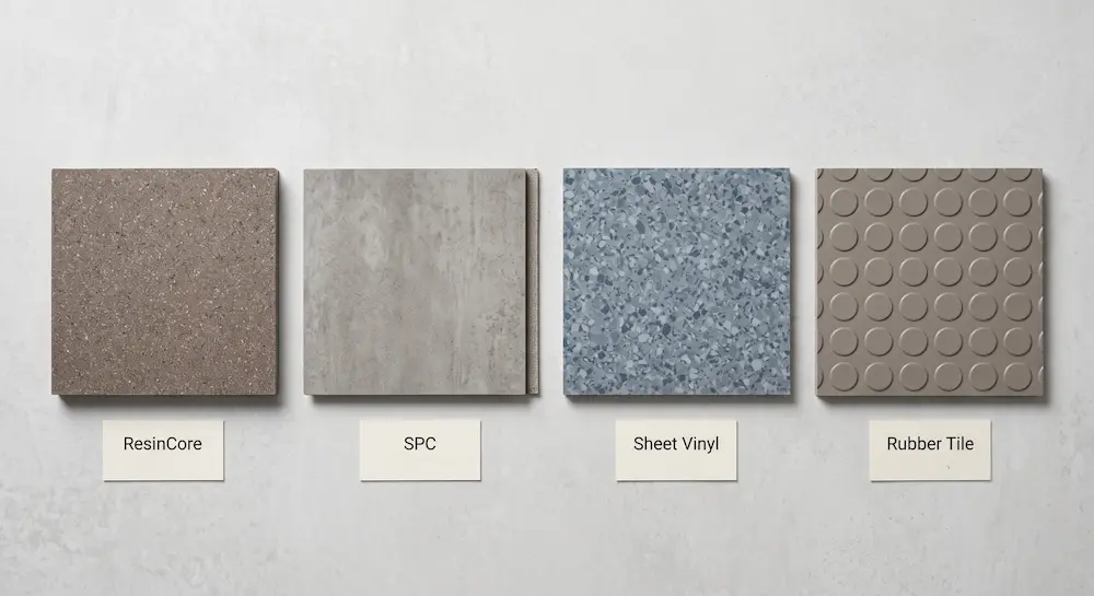 comparison of healthcare flooring materials ResinCore SPC sheet vinyl rubber tile