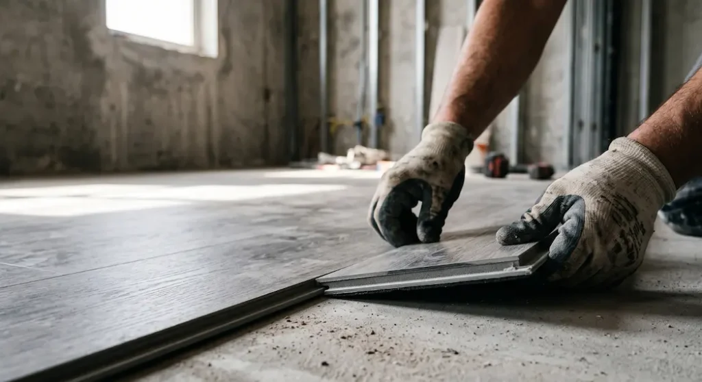 Installer pressing SPC wear-resistant flooring plank into click-lock joint showing multilayer cross-section on commercial subfloor