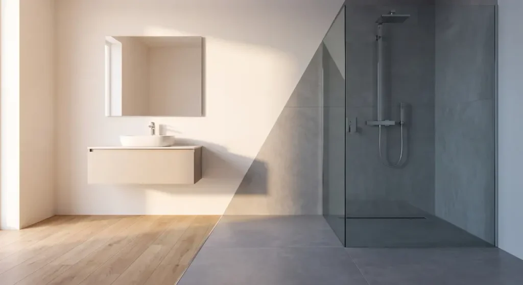 Minimal bathroom interior showing dry zone SPC flooring meeting wet zone tile at threshold — kitchen and bathroom flooring zone boundary