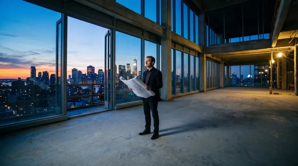 Developer reviewing flooring specification documents in empty multi-unit building under construction at dusk