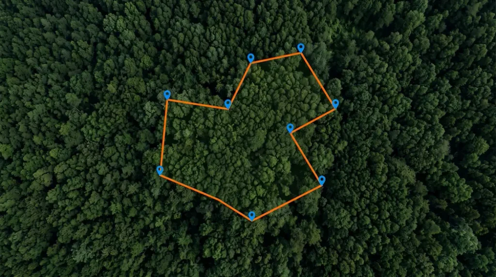 EUDR flooring geolocation polygon boundary marked over aerial forest canopy satellite view