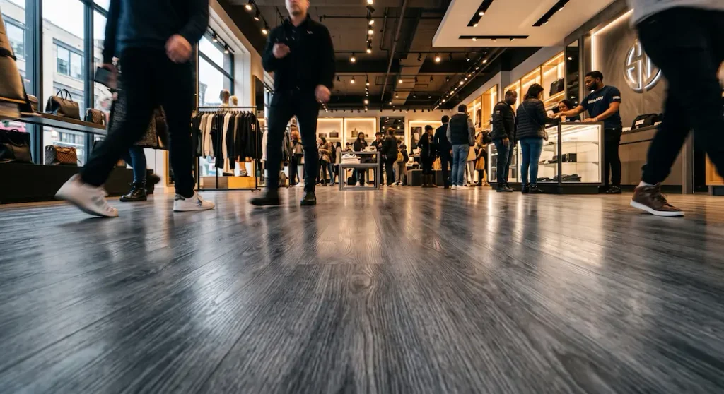 Busy retail store interior at floor level showing SPC wear-resistant flooring maintaining its finish under heavy foot traffic