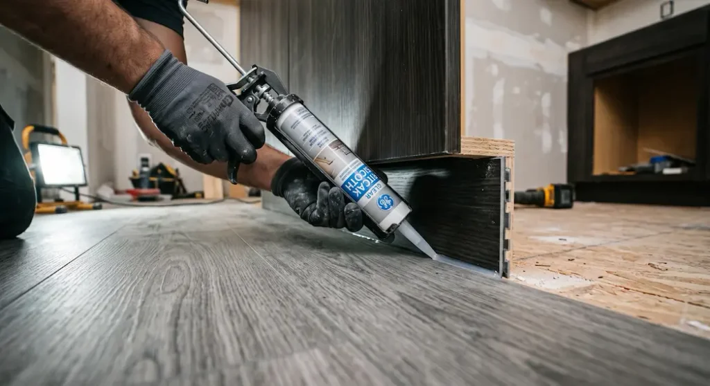 Installer applying silicone sealant at kitchen cabinet base on SPC kitchen and bathroom flooring installation showing expansion gap detail
