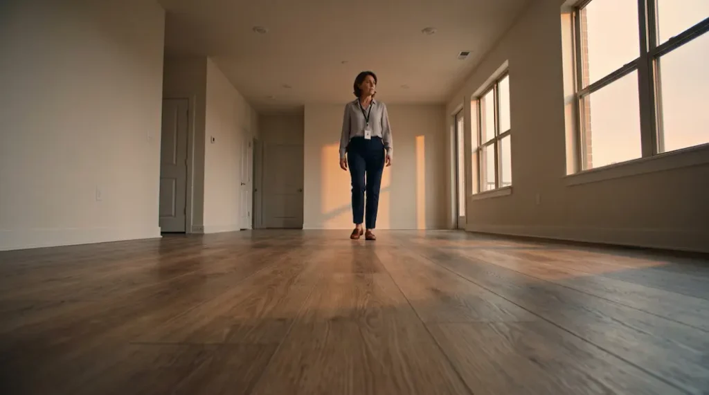 Property manager walking through empty rental apartment at dusk inspecting floor condition before new tenancy