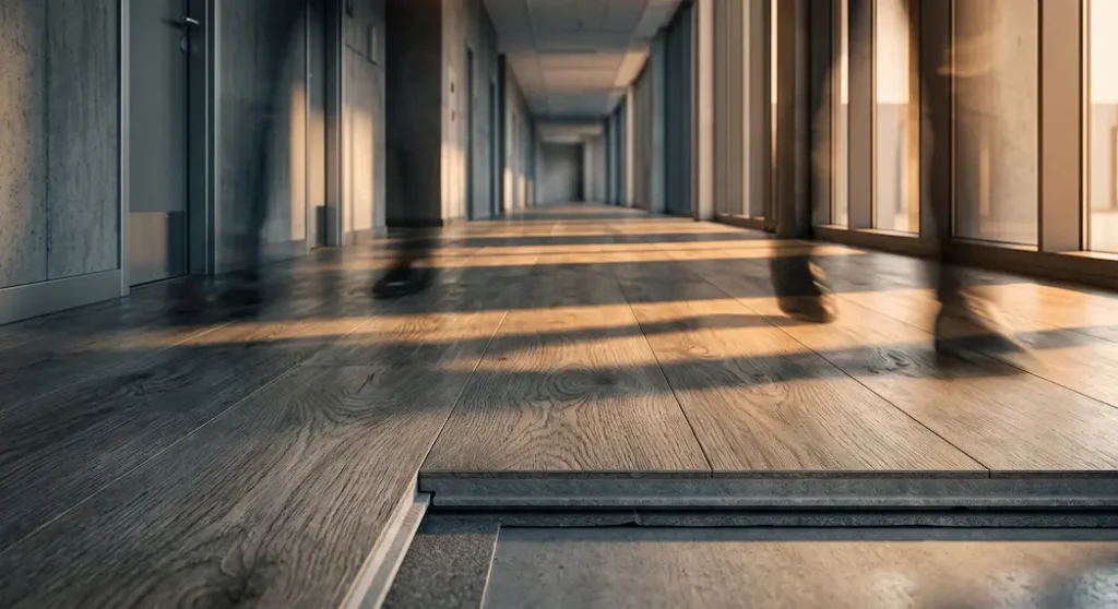 Commercial corridor with SPC wear-resistant flooring showing cross-section detail under dramatic side lighting
