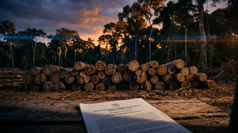 Timber logs stacked at tropical forest edge at dusk with EU regulatory document visible in foreground