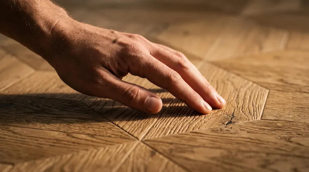 Close-up of a hand feeling the textured grain of SPC parquet flooring