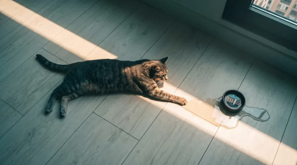 Pet friendly flooring example: a cat resting on a stone-look vinyl plank floor