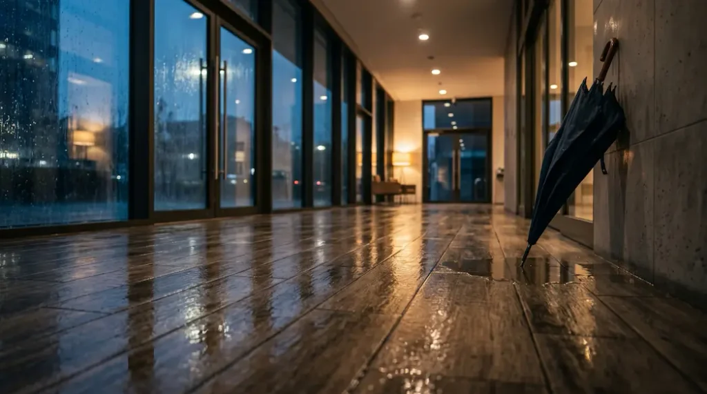 Wet lobby floor reflecting rain-lit glass doors, showing why slip claims depend on test conditions
