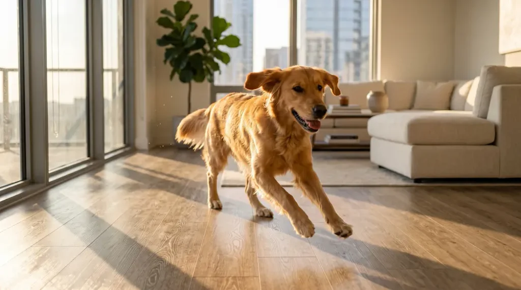 Pet friendly flooring in action: a dog running across a light wood-look floor