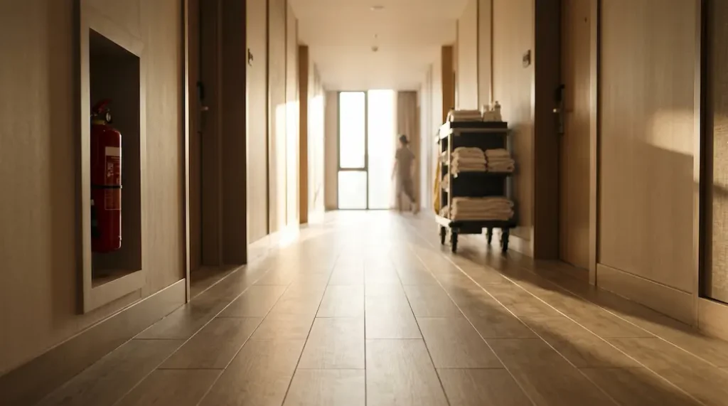 Hotel corridor with long plank flooring and a fire extinguisher, illustrating the fire class line of a flooring technical data sheet
