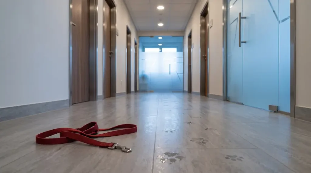 Pet friendly flooring for clinics: wet paw prints on a grey vinyl plank floor