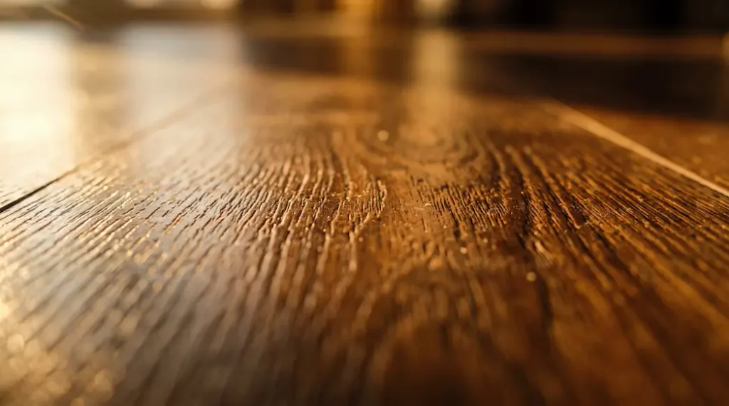 Close-up texture of high-density laminate flooring surface under raking side light
