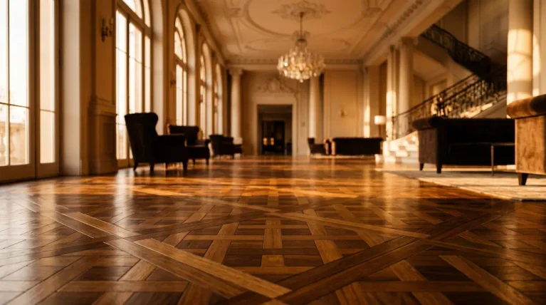 SPC parquet flooring in a sunlit hotel lobby with a classic woven block pattern