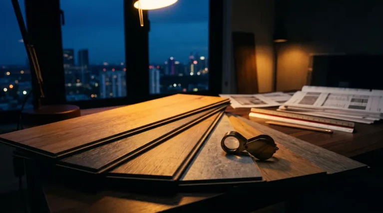 Plank samples and a loupe on a desk beside a printed flooring technical data sheet