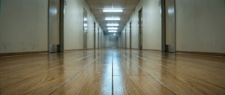 Empty school corridor with MoistureShield 1000 high-density laminate flooring stretching to the horizon