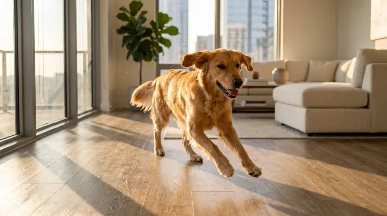 Pet friendly flooring in action: a dog running across a light wood-look floor